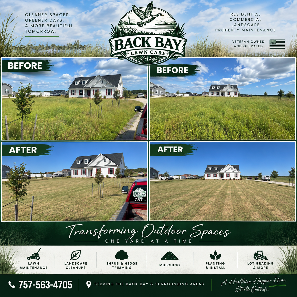 Back Bay Lawn Care before-and-after lawn mowing project.